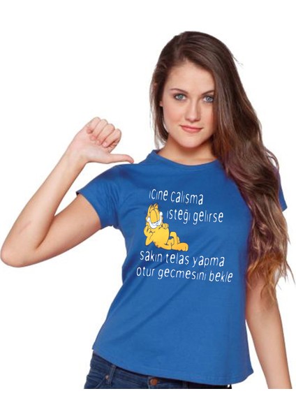 Komik Kedi Baskılı Dar Kesim Kadın Mavi T-Shirt