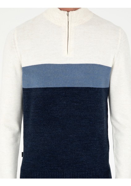 Erkek Lacivert Slim Fit Fermuarlı Dik Yaka Triko Kazak 50296471-VR033