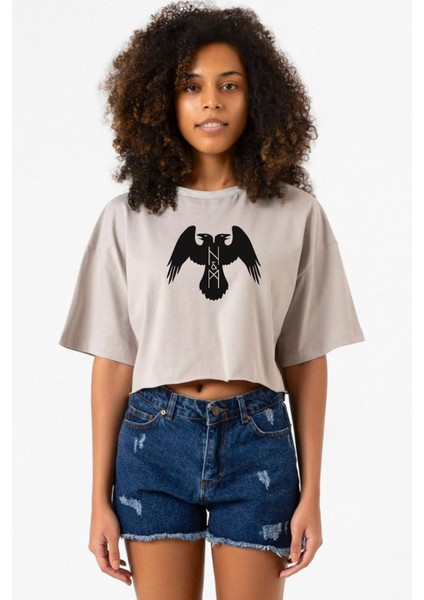 Thor's Ravens Huginn And Muninn Taş Rengi Kadın Crop Kapşonlu