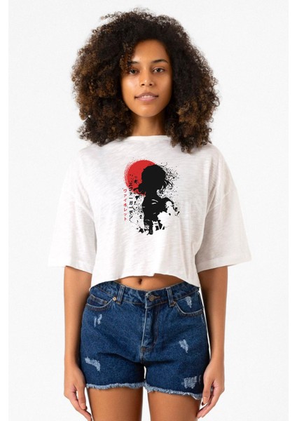 Violet Evergarden Anime Dark Poster Beyaz Kırçıllı Kadın Crop Tshirt