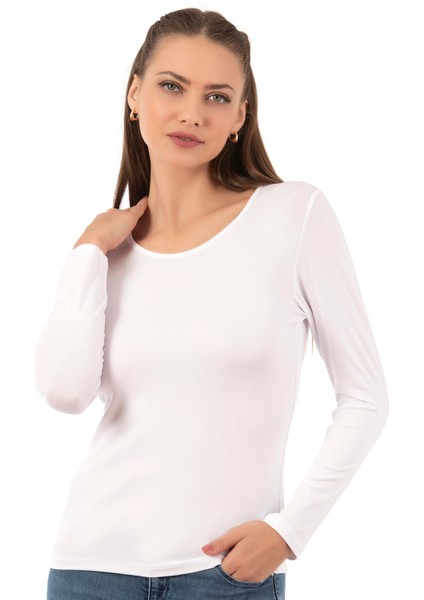 7124 Kadın Viskon Bisiklet Yaka Esnek Yumuşak Uzun Kol Fanila Tişört Body