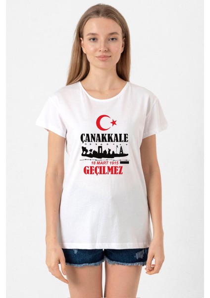 18 Mart Çanakkale Geçilmez Beyaz Kadın Bisikletyaka Tshirt