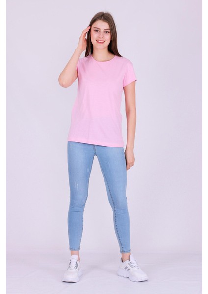 Pembe Renk %100 Pamuk Bisiklet Yaka Basic Baskısız Kadın Örme Kısa Kollu Tshirt fiyatları