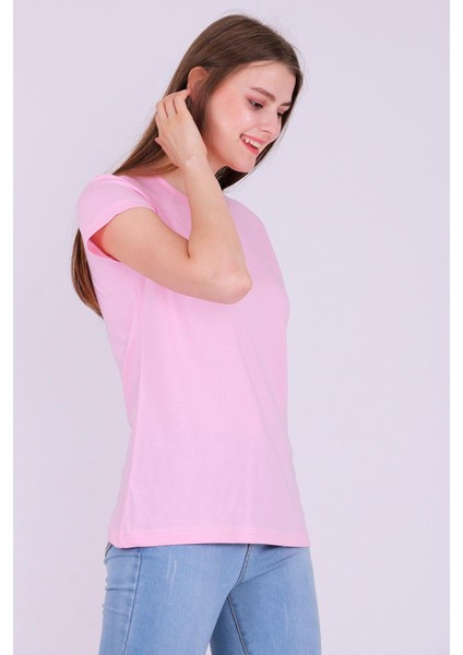 Pembe Renk %100 Pamuk Bisiklet Yaka Basic Baskısız Kadın Örme Kısa Kollu Tshirt modelleri