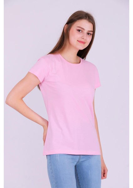 Pembe Renk %100 Pamuk Bisiklet Yaka Basic Baskısız Kadın Örme Kısa Kollu Tshirt fırsatları