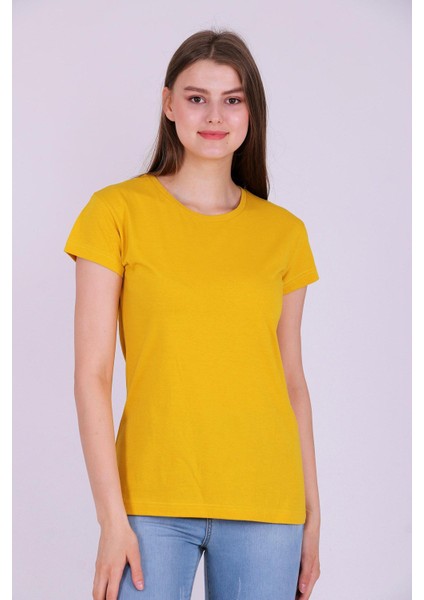 Sarı Renk %100 Pamuk Bisiklet Yaka Basic Baskısız Kadın Örme Kısa Kollu Tshirt