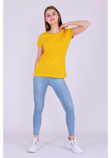 Sarı Renk %100 Pamuk Bisiklet Yaka Basic Baskısız Kadın Örme Kısa Kollu Tshirt fiyatları