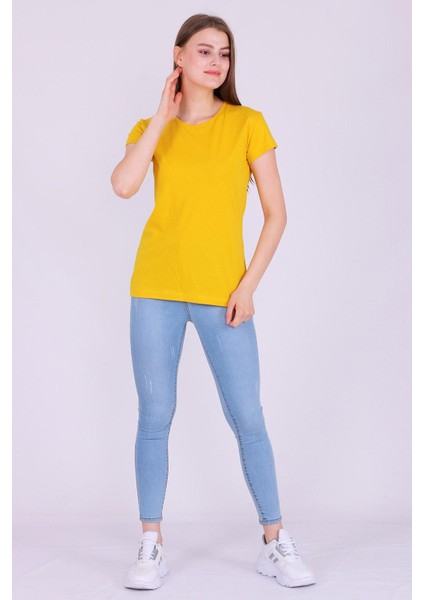 Sarı Renk %100 Pamuk Bisiklet Yaka Basic Baskısız Kadın Örme Kısa Kollu Tshirt modelleri