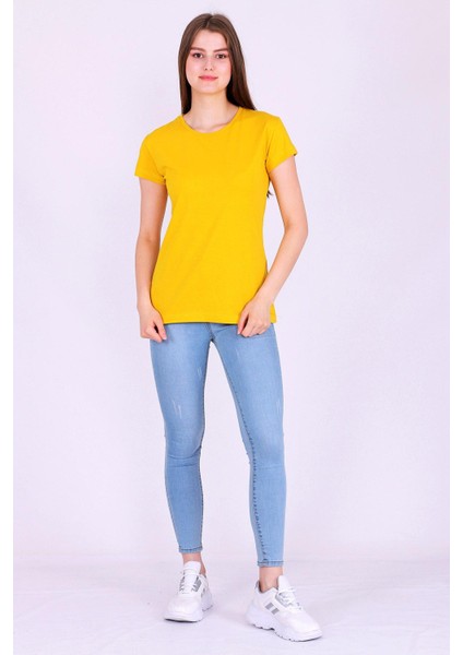 Sarı Renk %100 Pamuk Bisiklet Yaka Basic Baskısız Kadın Örme Kısa Kollu Tshirt fırsatları