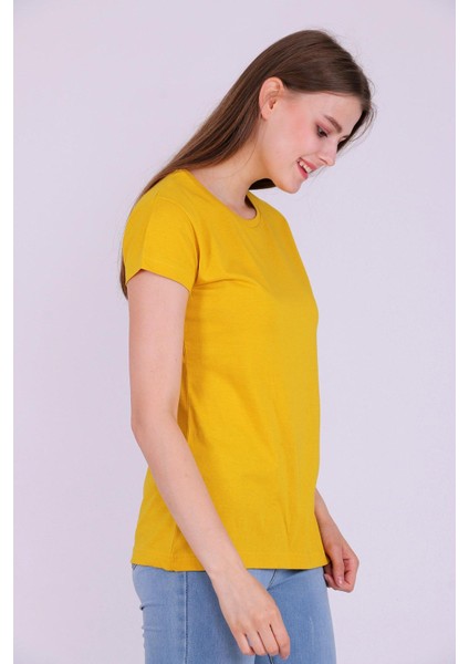 Sarı Renk %100 Pamuk Bisiklet Yaka Basic Baskısız Kadın Örme Kısa Kollu Tshirt indirimleri