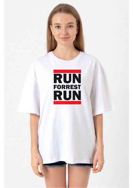 Forrest Gump Run Forrest Run Beyaz Kadın Oversize Tshirt