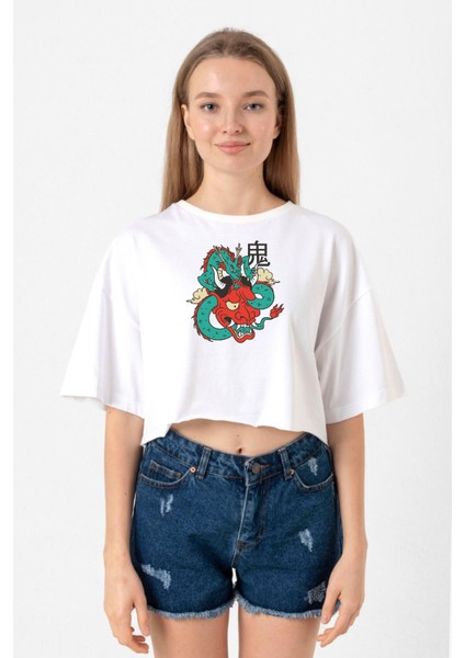 Dragon Samurai Anime Beyaz Kadın Crop Tshirt