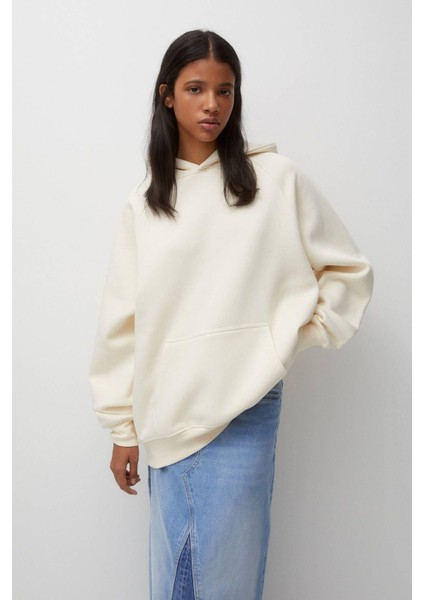 Pamuk Kadın Ekru Basic 3 Iplik Oversize Kapüşonlu Kangru Cepli Sweatshirt