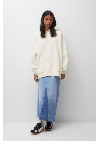 Pamuk Kadın Ekru Basic 3 Iplik Oversize Kapüşonlu Kangru Cepli Sweatshirt