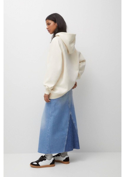Pamuk Kadın Ekru Basic 3 Iplik Oversize Kapüşonlu Kangru Cepli Sweatshirt