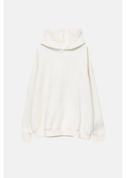 Pamuk Kadın Ekru Basic 3 Iplik Oversize Kapüşonlu Kangru Cepli Sweatshirt
