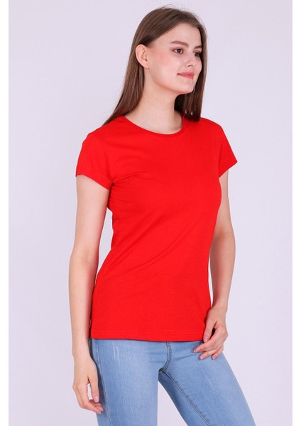 Kırmızı Renk %100 Pamuk Bisiklet Yaka Basic Baskısız Kadın Örme Kısa Kollu Tshirt