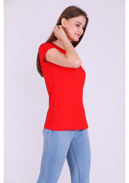 Kırmızı Renk %100 Pamuk Bisiklet Yaka Basic Baskısız Kadın Örme Kısa Kollu Tshirt