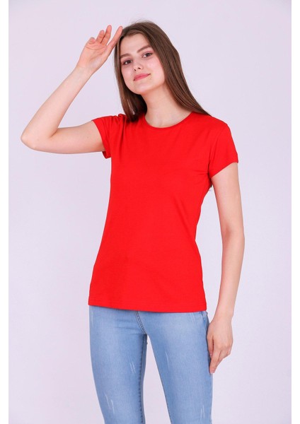 Kırmızı Renk %100 Pamuk Bisiklet Yaka Basic Baskısız Kadın Örme Kısa Kollu Tshirt