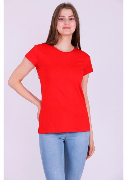 Kırmızı Renk %100 Pamuk Bisiklet Yaka Basic Baskısız Kadın Örme Kısa Kollu Tshirt