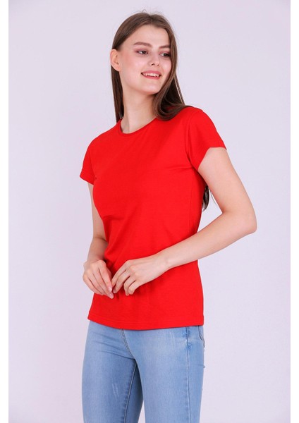 Kırmızı Renk %100 Pamuk Bisiklet Yaka Basic Baskısız Kadın Örme Kısa Kollu Tshirt