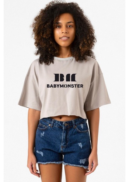 Babymonster Logo Taş Rengi Kadın Crop Kapşonlu