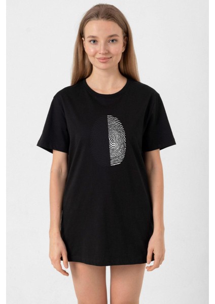 Siyah Beyaz Parmak Izi Siyah Kadın Oversize Tshirt