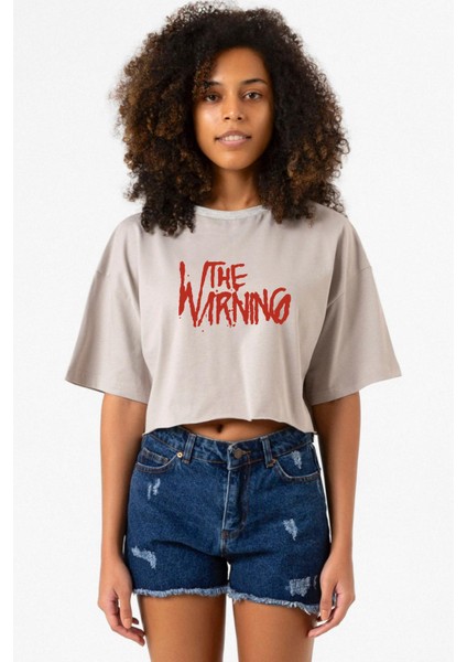 The Warning Logo Taş Rengi Kadın Crop Kapşonlu