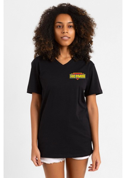 He Man Logo Siyah Kadın V Yaka Tshirt