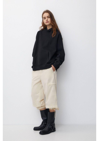 Pamuk Kadın Siyah Basic 3 Iplik Oversize Kapüşonlu Kangru Cepli Sweatshirt
