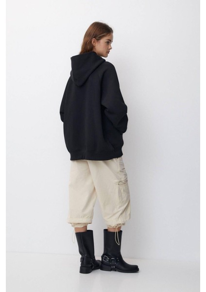 Pamuk Kadın Siyah Basic 3 Iplik Oversize Kapüşonlu Kangru Cepli Sweatshirt