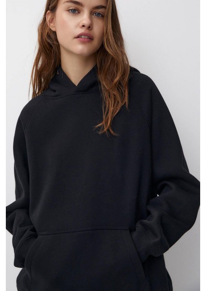 Pamuk Kadın Siyah Basic 3 Iplik Oversize Kapüşonlu Kangru Cepli Sweatshirt