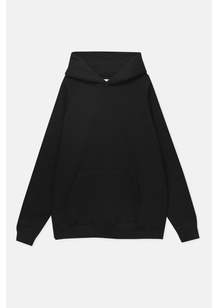 Pamuk Kadın Siyah Basic 3 Iplik Oversize Kapüşonlu Kangru Cepli Sweatshirt