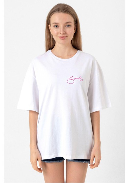 Blackpink Jennie Signature Beyaz Kadın Oversize Tshirt