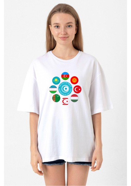 Türk Devletleri Teşkilat Beyaz Kadın Oversize Tshirt