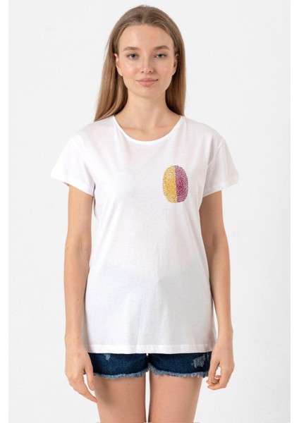 Sarı Kırmızı Parmak Izi Beyaz Kadın Bisikletyaka Tshirt