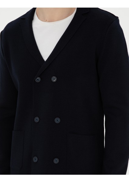 Erkek Koyu Lacivert Slim Fit Yün Karışımlı Düğmeli Triko Hırka 50278079-VR100