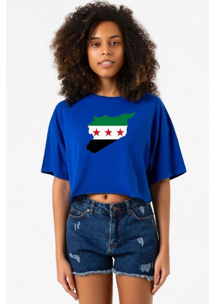 Suriye Yeni Bayrak Mavi Kadın Crop Tshirt