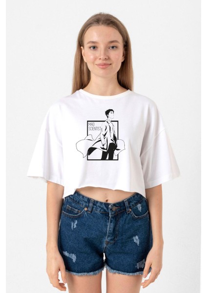 Steins Gate Rintarou Mad Scientist Beyaz Kadın Crop Tshirt