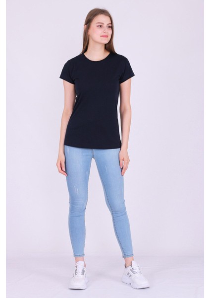 Lacivert Renk %100 Pamuk Bisiklet Yaka Basic Baskısız Kadın Örme Kısa Kollu Tshirt fiyatları