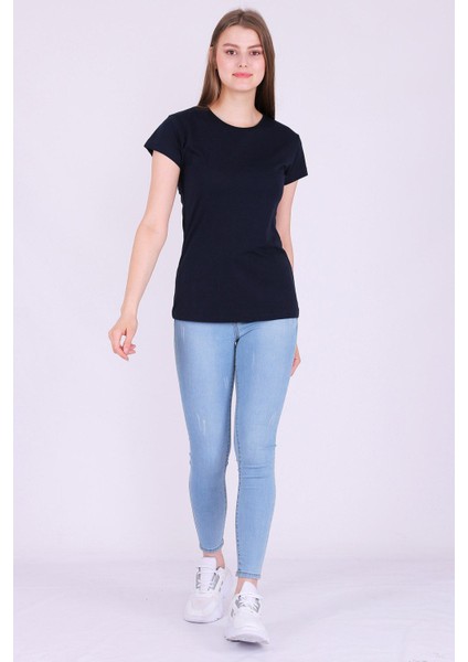 Lacivert Renk %100 Pamuk Bisiklet Yaka Basic Baskısız Kadın Örme Kısa Kollu Tshirt modelleri