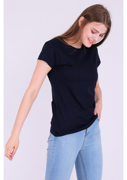Lacivert Renk %100 Pamuk Bisiklet Yaka Basic Baskısız Kadın Örme Kısa Kollu Tshirt indirimleri