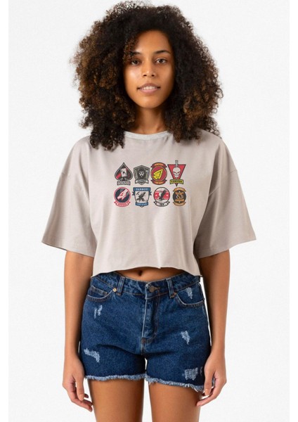 Top Gun Maverick Badge Layout Group Taş Rengi Kadın Crop Kapşonlu