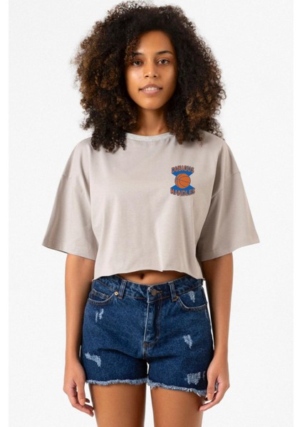 Dubious Handles Logo Taş Rengi Kadın Crop Kapşonlu