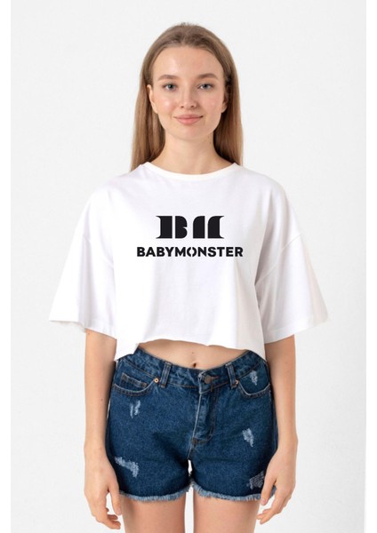 Babymonster Logo Beyaz Kadın Crop Tshirt