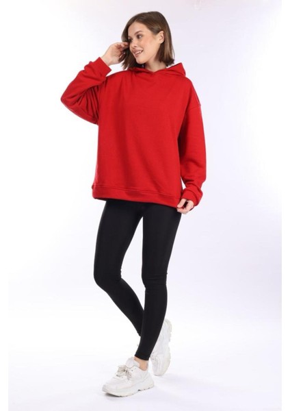 % 100 Pamuk Kadın Yumuşak Dokulu Kırmızı Şardonsuz Basic 3 Iplik Oversize Kapüşonlu Sweatshirt fiyatları