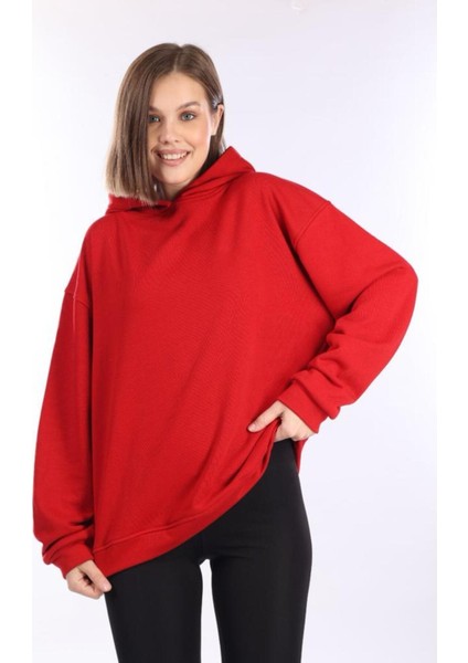 % 100 Pamuk Kadın Yumuşak Dokulu Kırmızı Şardonsuz Basic 3 Iplik Oversize Kapüşonlu Sweatshirt modelleri