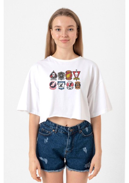 Top Gun Maverick Badge Layout Group Beyaz Kadın Crop Tshirt