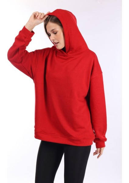 % 100 Pamuk Kadın Yumuşak Dokulu Kırmızı Şardonsuz Basic 3 Iplik Oversize Kapüşonlu Sweatshirt fırsatları