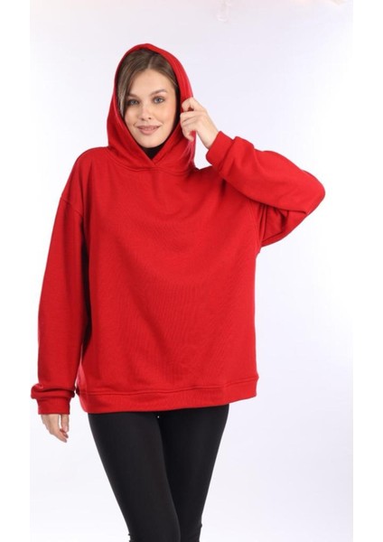 % 100 Pamuk Kadın Yumuşak Dokulu Kırmızı Şardonsuz Basic 3 Iplik Oversize Kapüşonlu Sweatshirt indirimleri